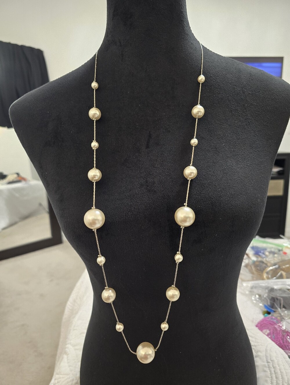Vintage Mark Ny Silver Toned Pearl Bead Long Necklace - Women Jewelry